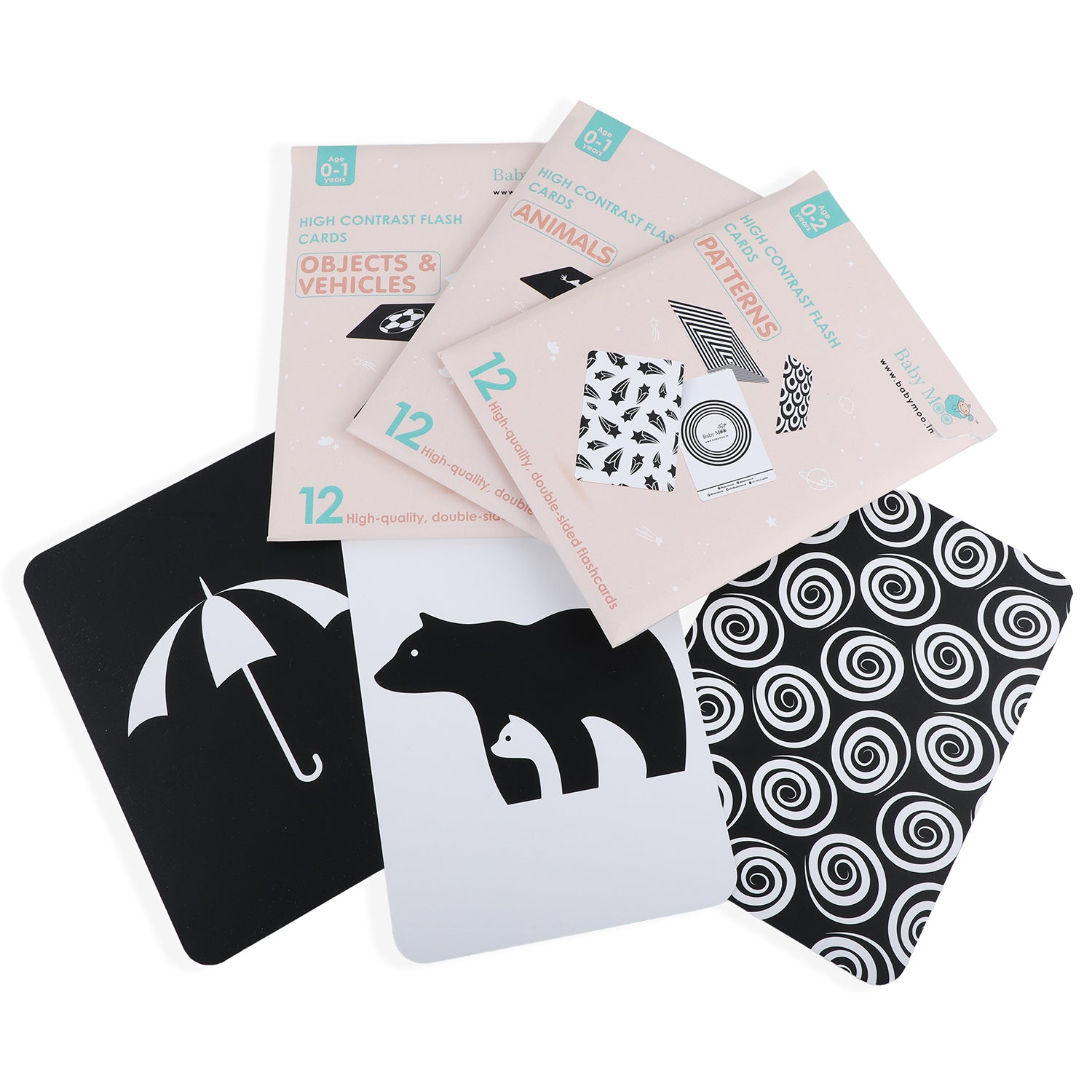 Baby Moo High Contrast Flash Cards 36 Cards - Bundle of Animals And Objects And Vehicles And Patterns