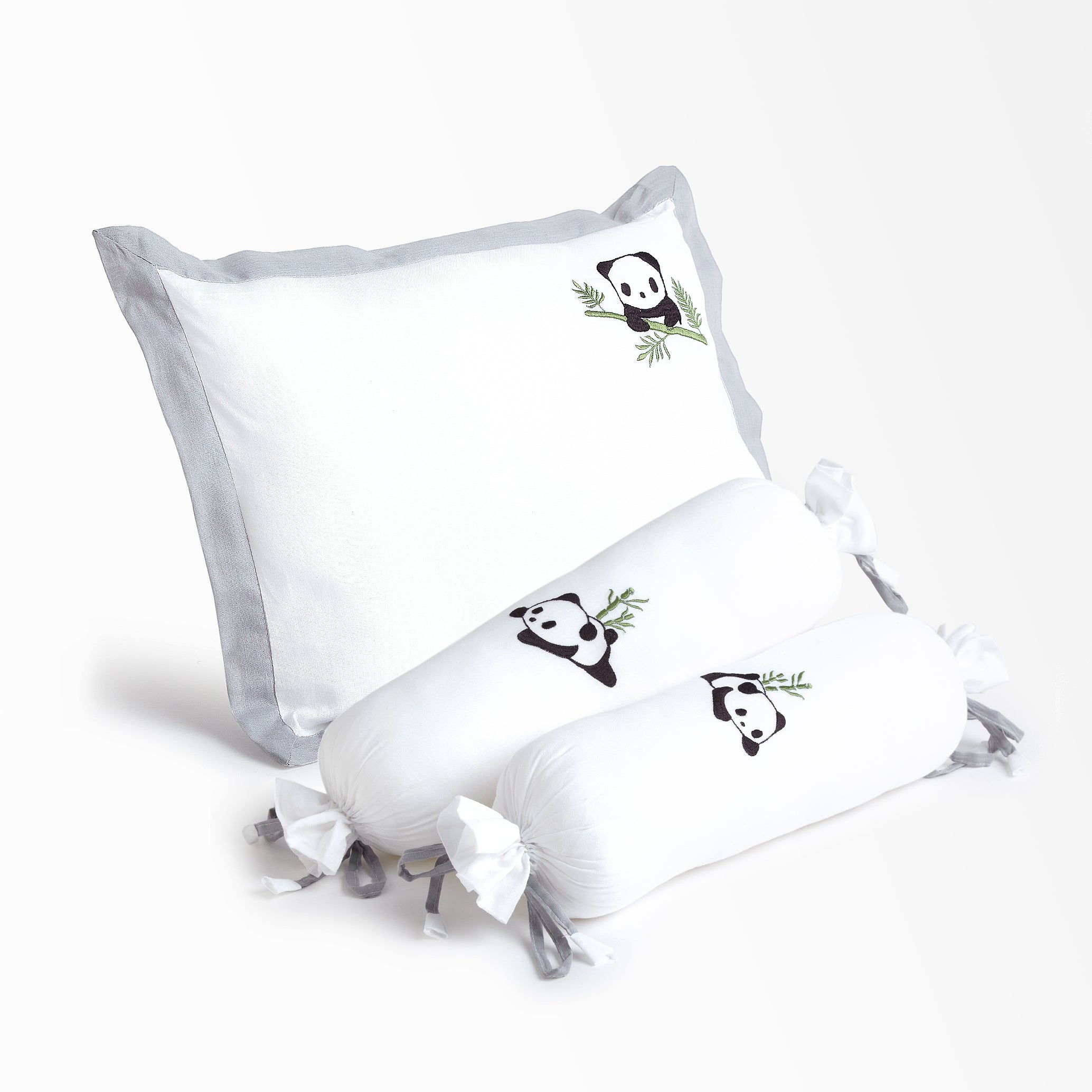 The White Cradle Cot Pillow + 2 Bolsters Set with Fillers - Organic Cotton Fabric, Protective Comfort, Softest Fiber Filling  - Grey Panda