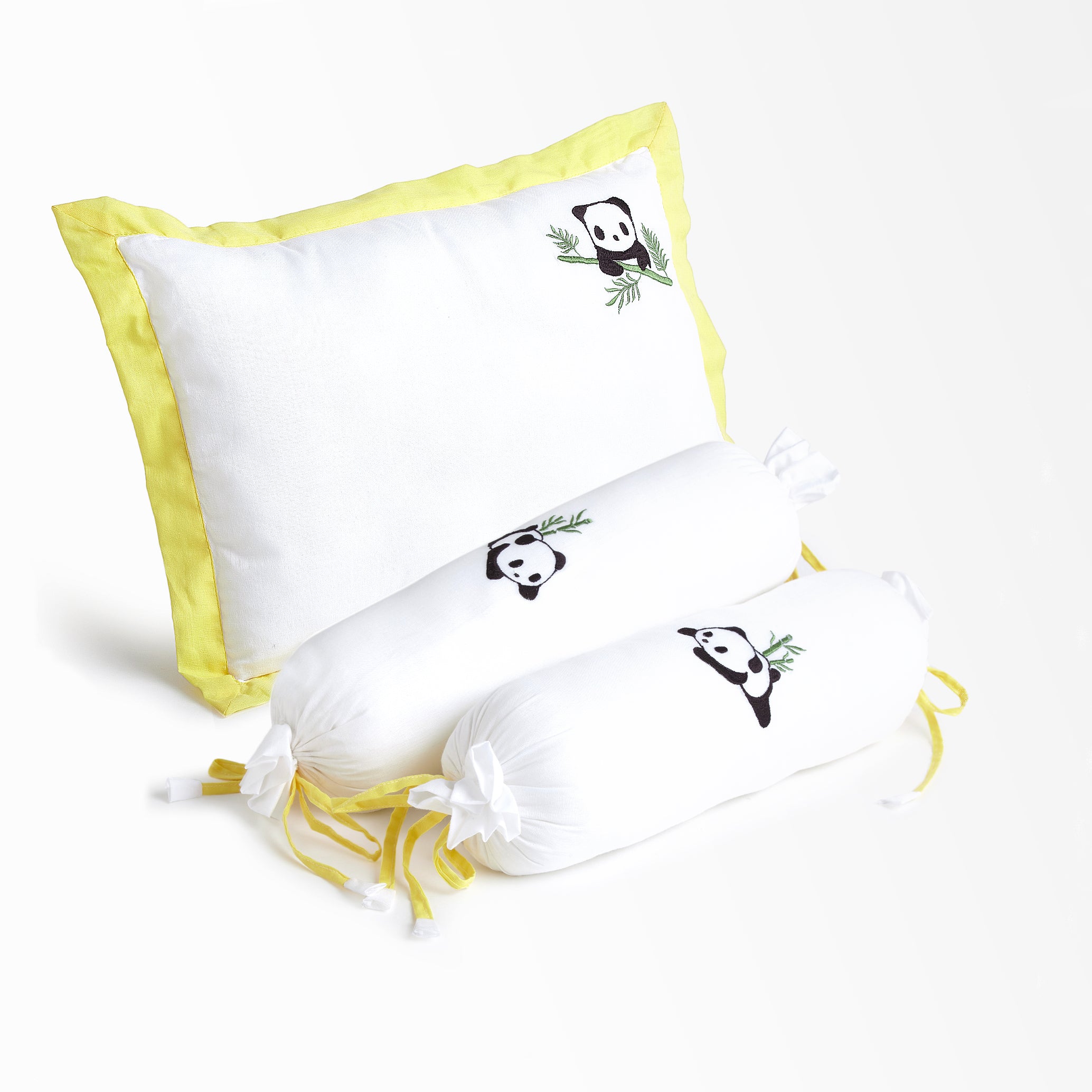 The White Cradle Cot Pillow + 2 Bolsters Set with Fillers - Organic Cotton Fabric, Protective Comfort, Softest Fiber Filling  - Yellow Panda
