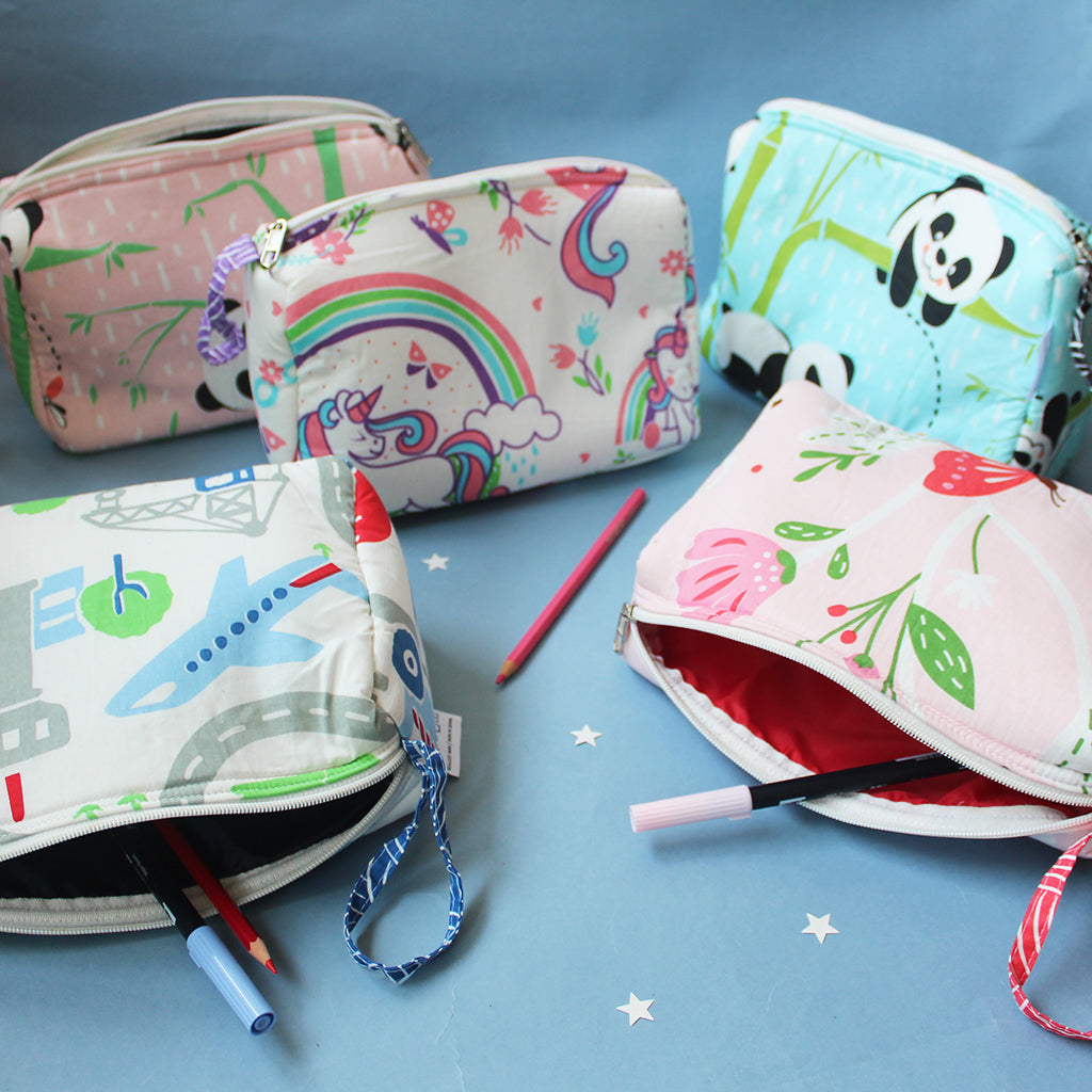 Cotton Zippered Multipurpose Pouch With Waterproof Lining - Unicorn & Rainbows