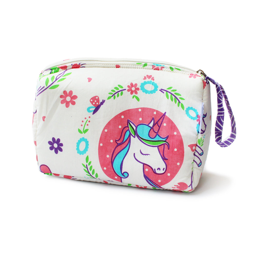 Cotton Zippered Multipurpose Pouch With Waterproof Lining - Unicorn & Rainbows