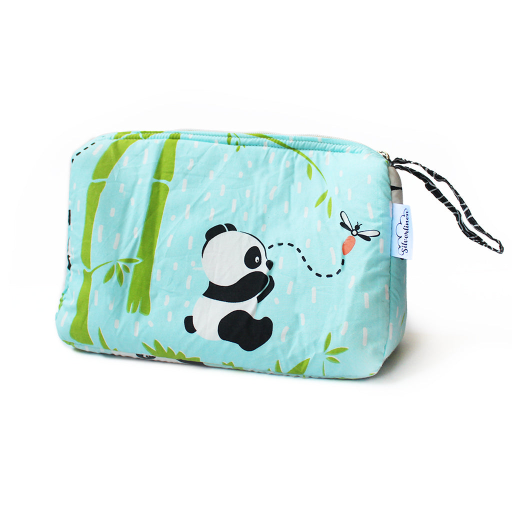 Cotton Zippered Multipurpose Pouch With Waterproof Lining - Panda Village - Blue