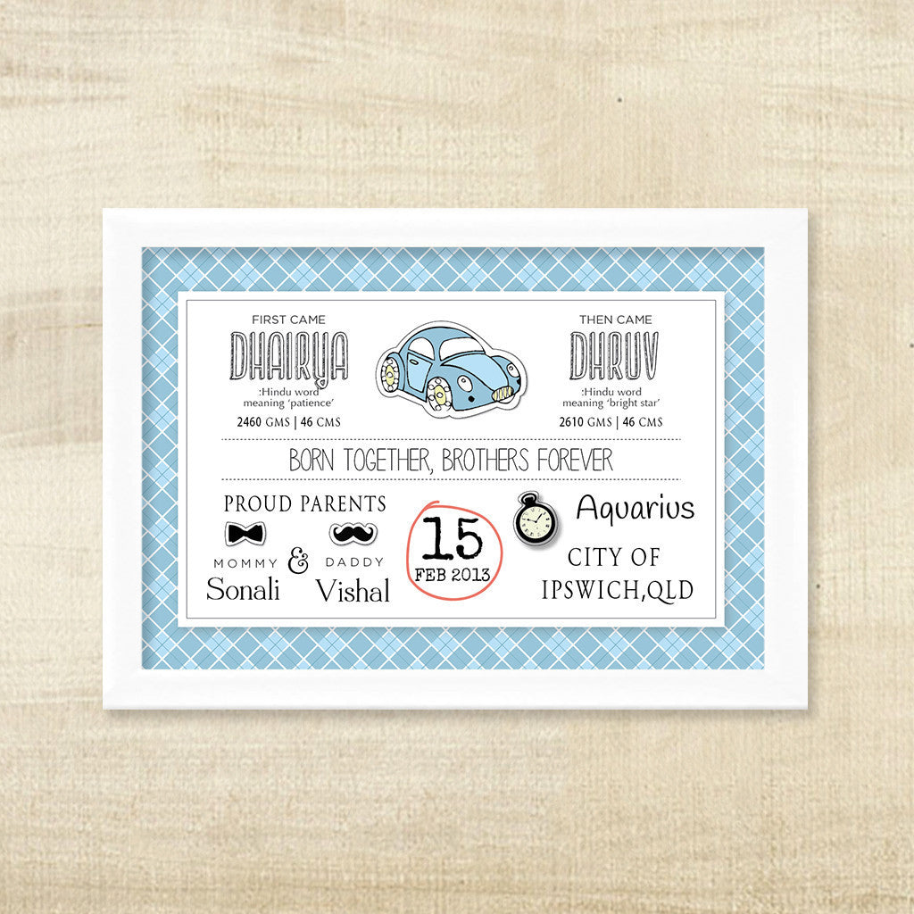 Birth Memory Frame for Twin Boys <br> Retro