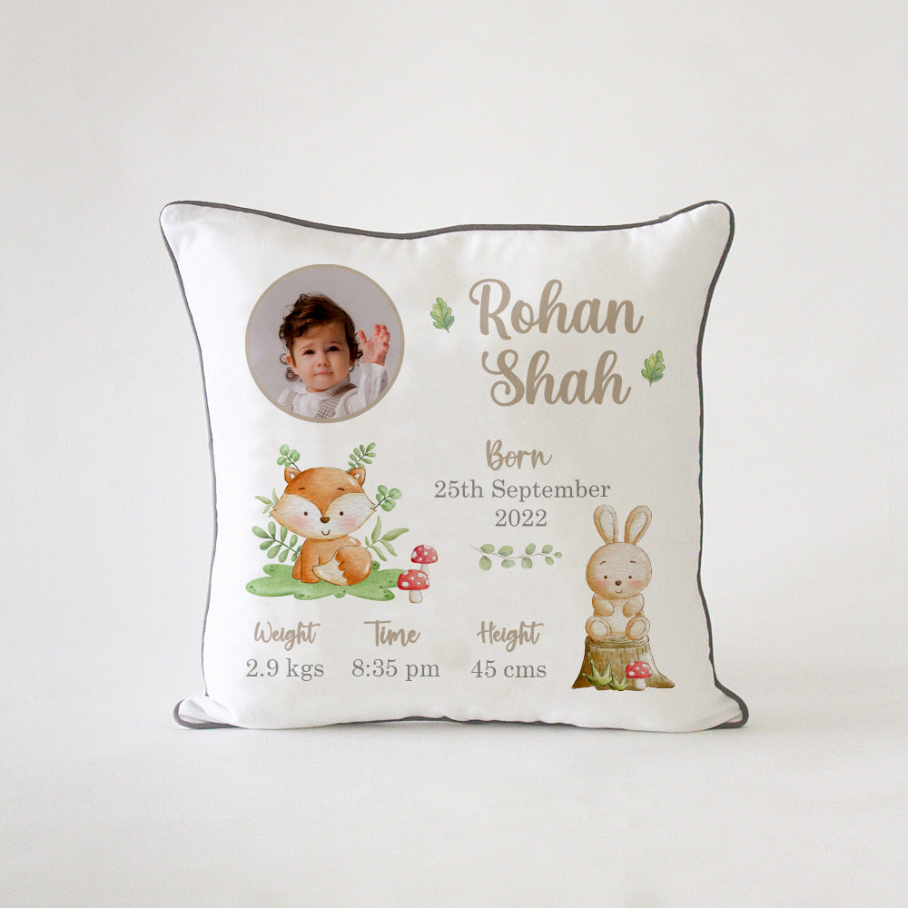 Birth Statistics Cushion - Woodland