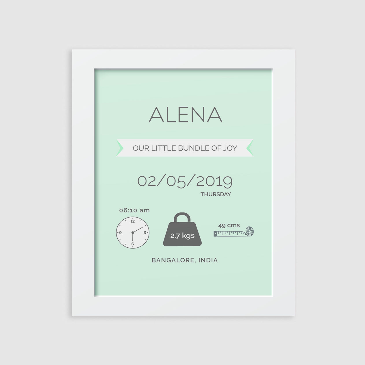 Birth Statistics Frame - Modern, Mint Green