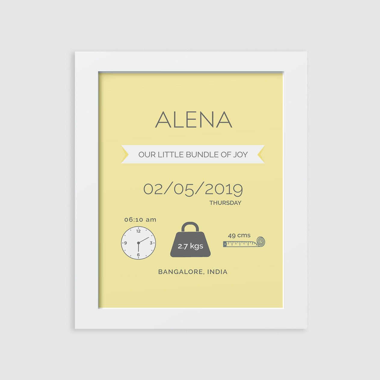 Birth Statistics Frame - Modern, Yellow
