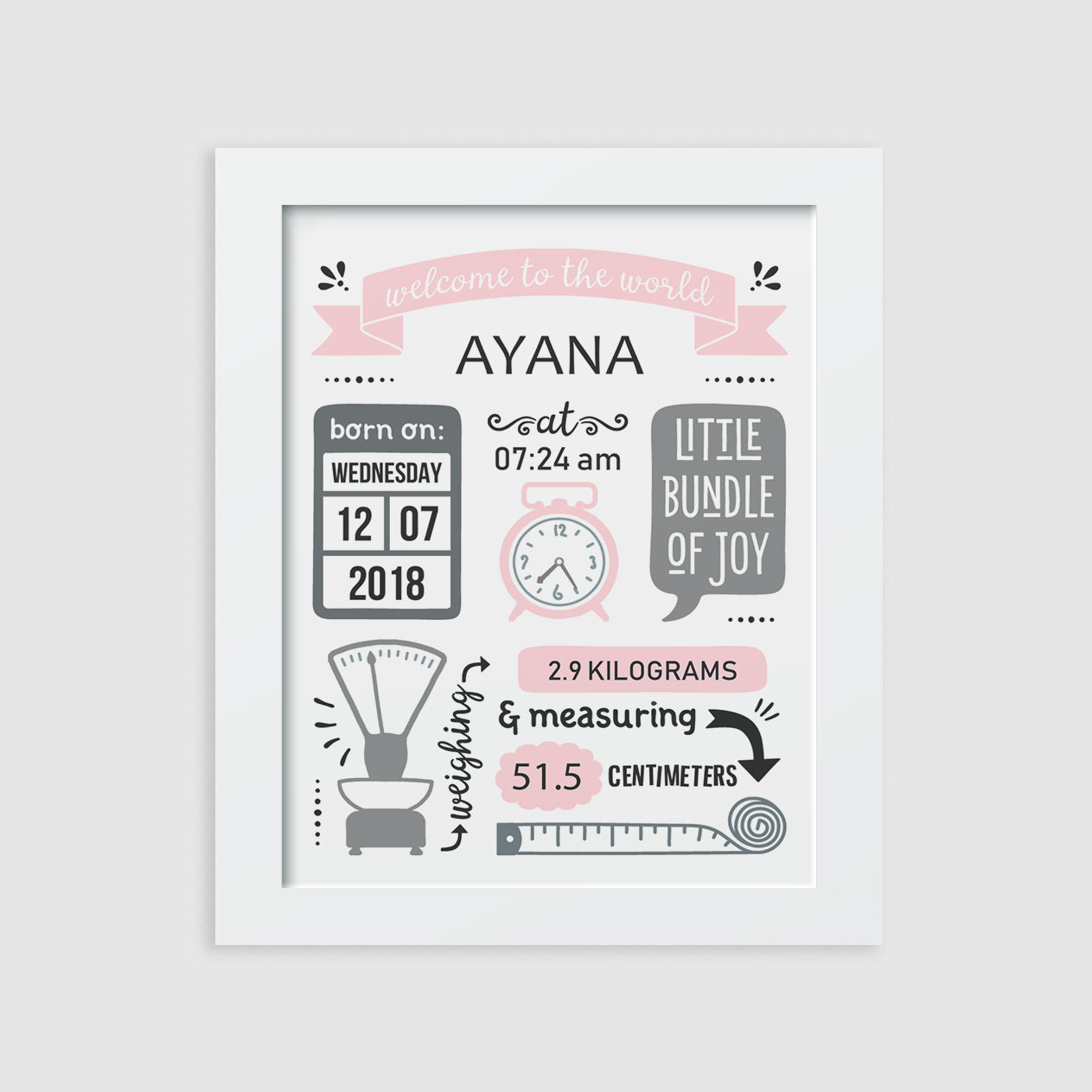 Birth Statistics Frame - Retro, Pink