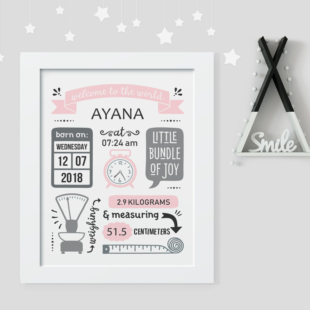 Birth Statistics Frame - Retro, Pink