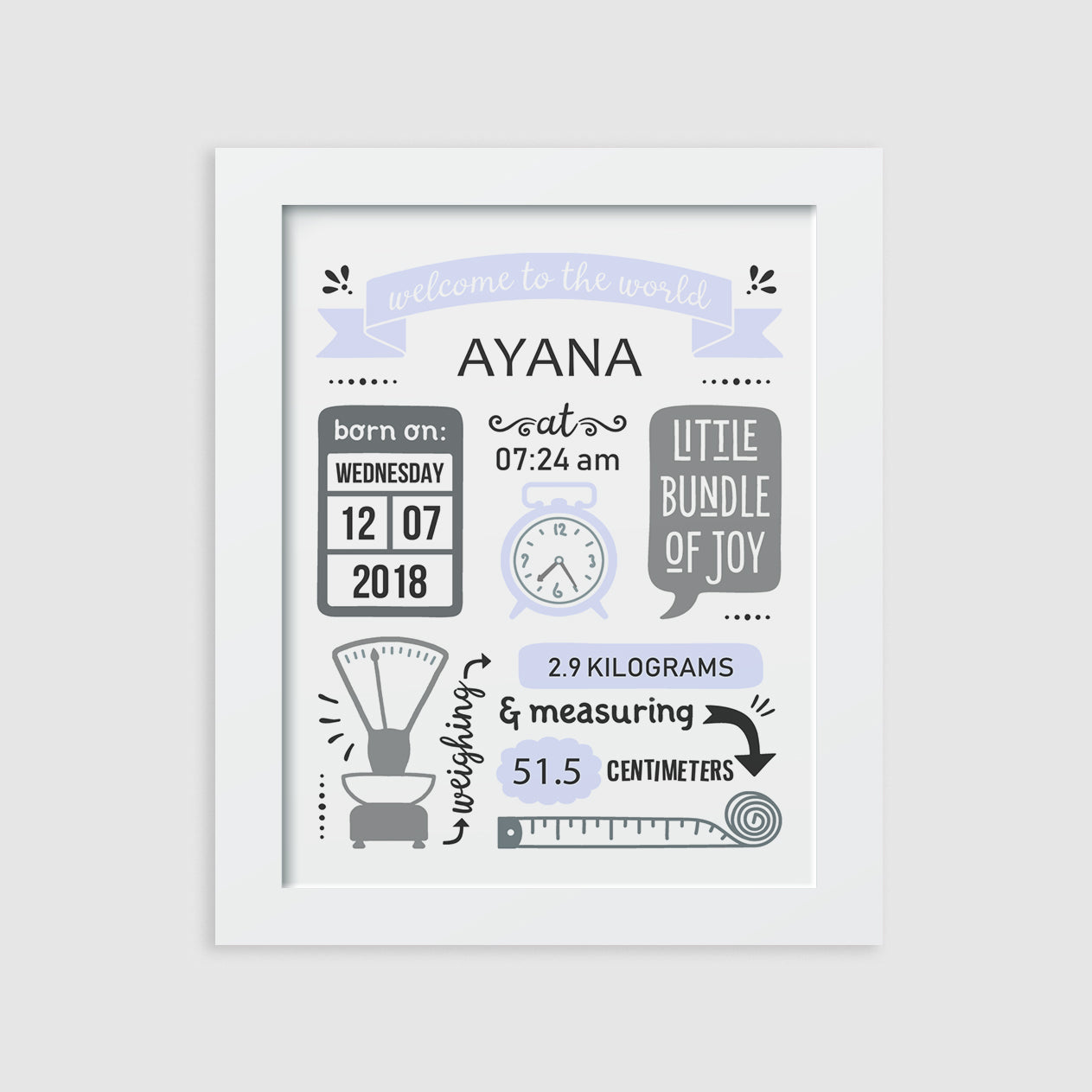 Birth Statistics Frame - Retro, Lilac