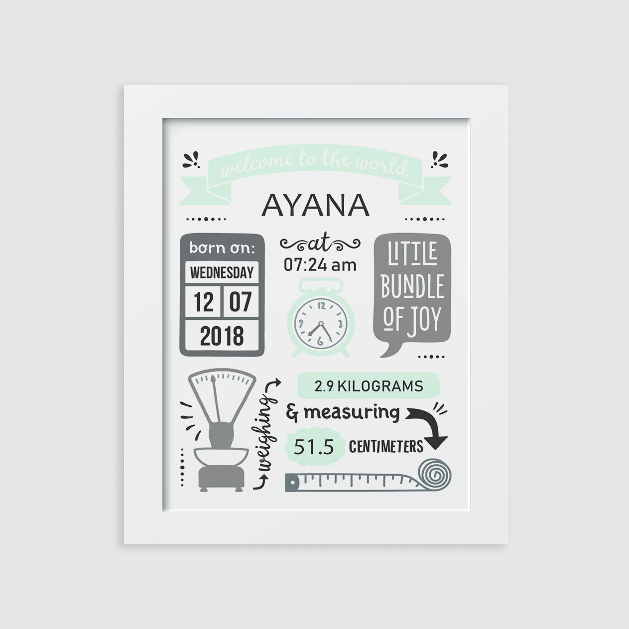 Birth Statistics Frame - Retro, Mint Green