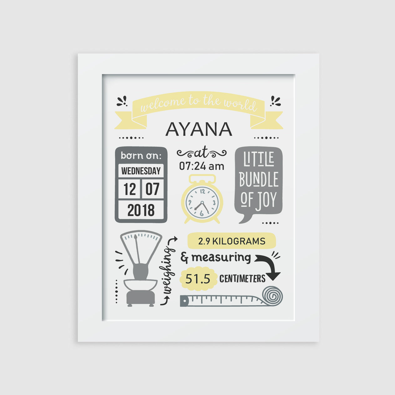 Birth Statistics Frame - Retro, Yellow