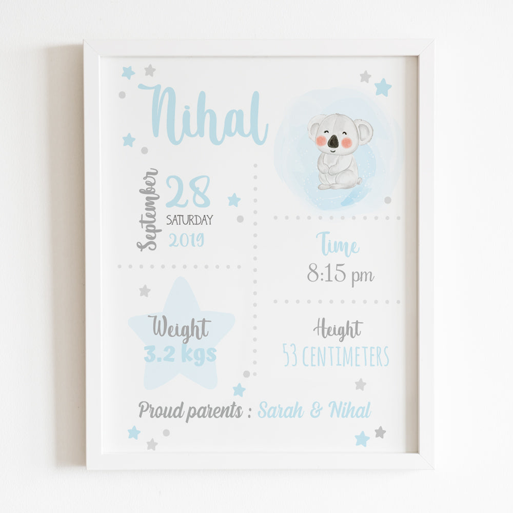 Birth Statistics Frame - Koala Theme - Blue