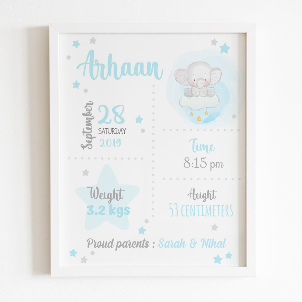 Birth Statistics Frame - Elephant Theme - Blue