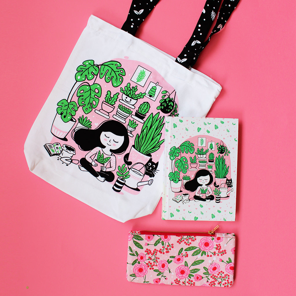 Crazy Plant Lady Themed Curated Gift Hamper - Set of Matching Notebook, Tote Bag & Pouch