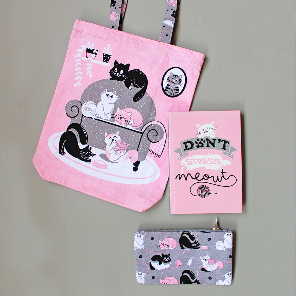 Cosy Cats Themed Curated Gift Hamper - Set of Matching Notebook, Tote Bag & Pouch