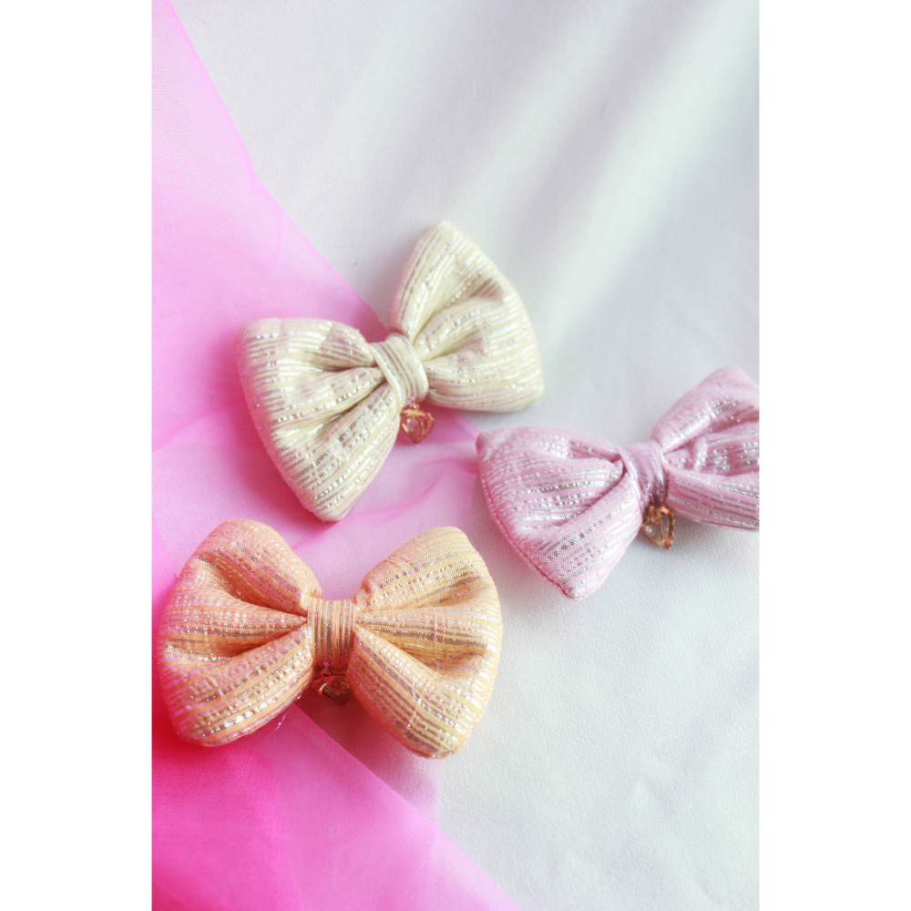 Set Of 3 Pastel Cotton Bow Clips With Heart Charms