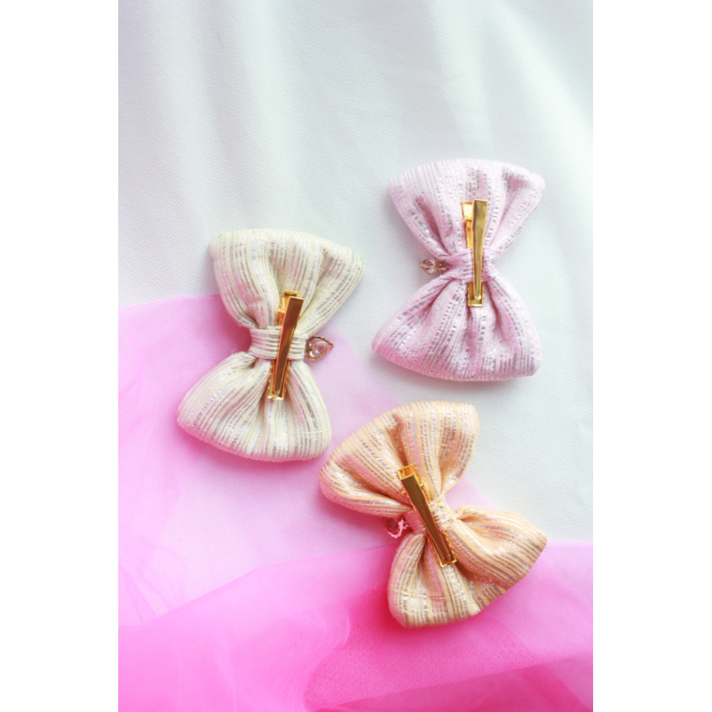 Set Of 3 Pastel Cotton Bow Clips With Heart Charms