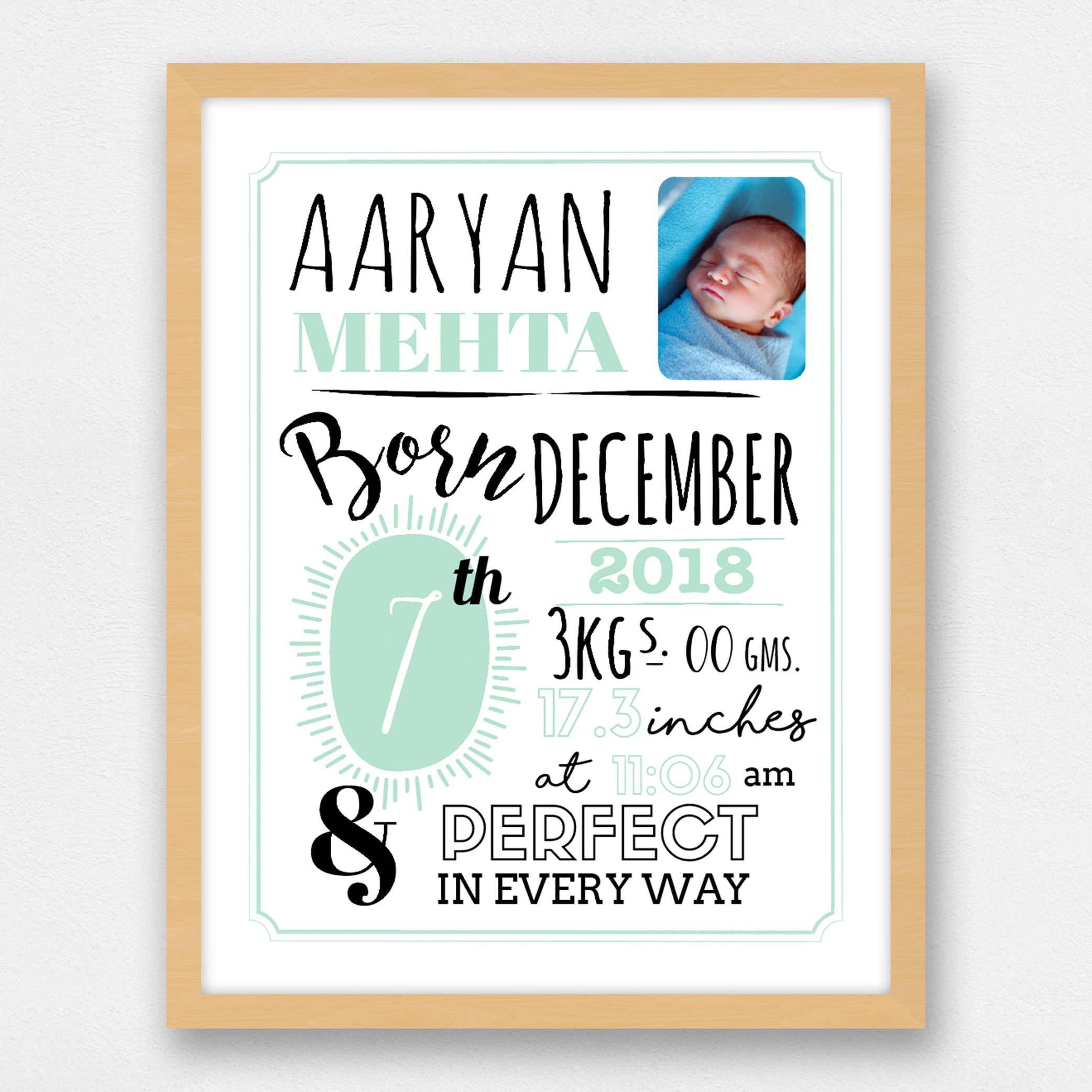 Birth Statistics Frame - Typographical, Mint Green