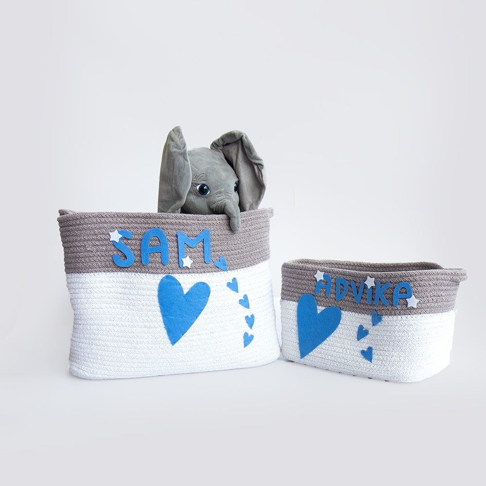 Doodle Hearts- Cotton Rope Basket (Blue - Individual/ Set Of 2)