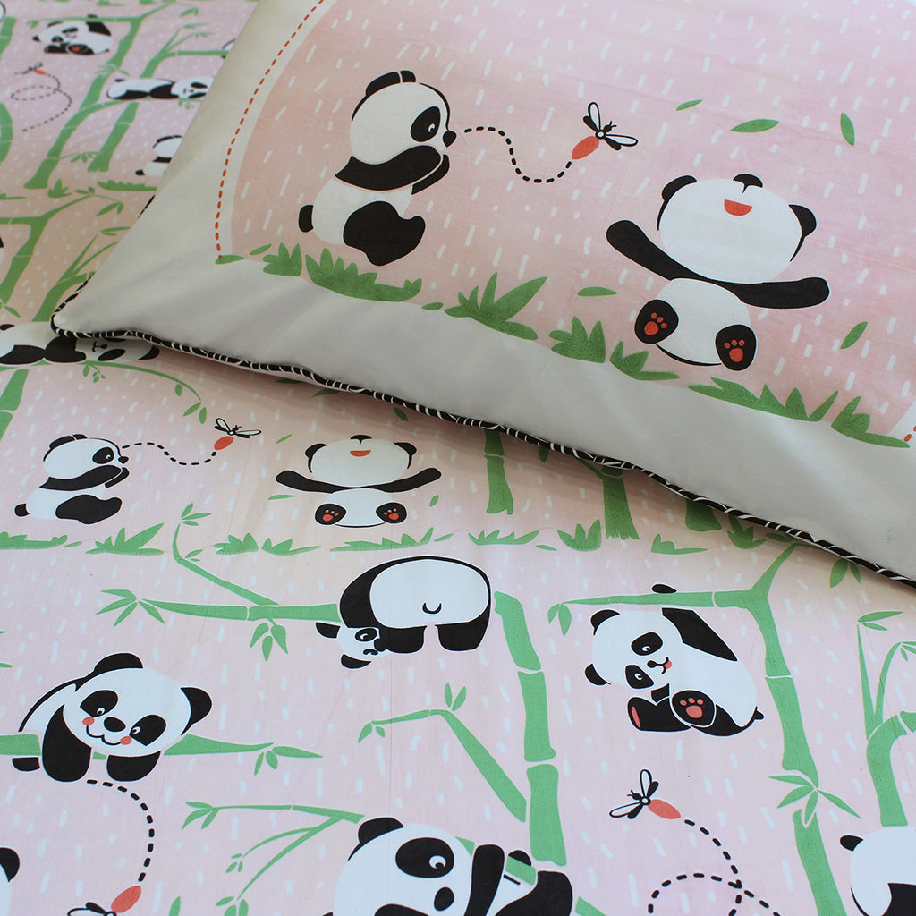 Bedsheet Set - Panda Village, Pink - Single/Double Bed Sizes Available