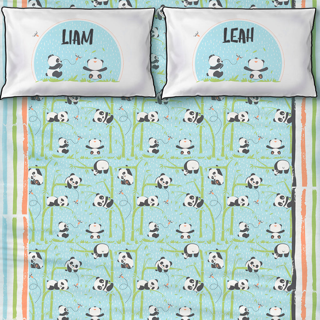 Bedsheet Set - Panda Village, Blue - Single/Double Bed Sizes Available