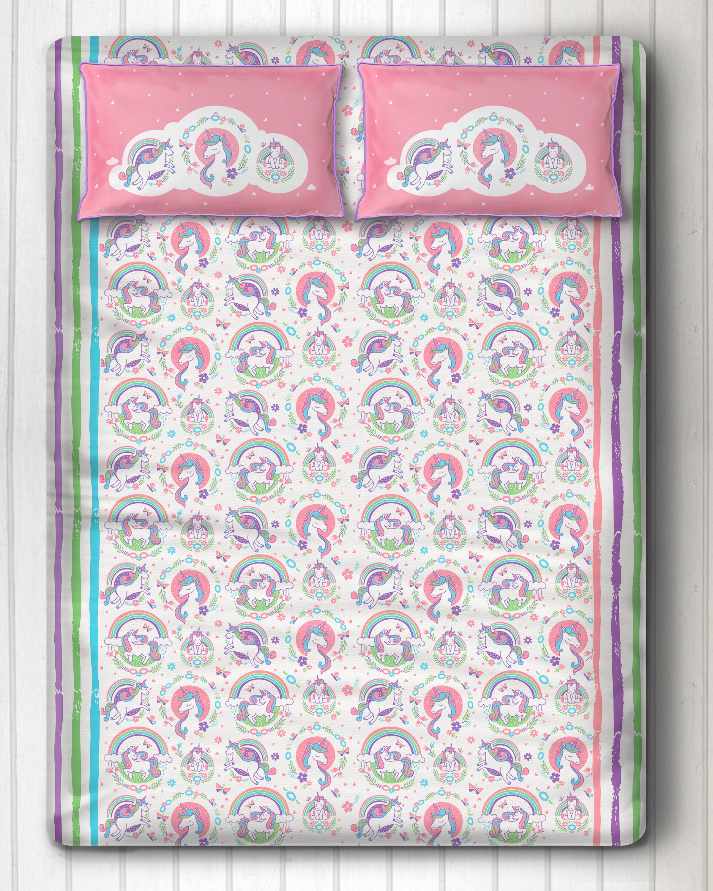Unicorn And Rainbows 100% Cotton King Size Bedsheet with 2 Pillow Covers