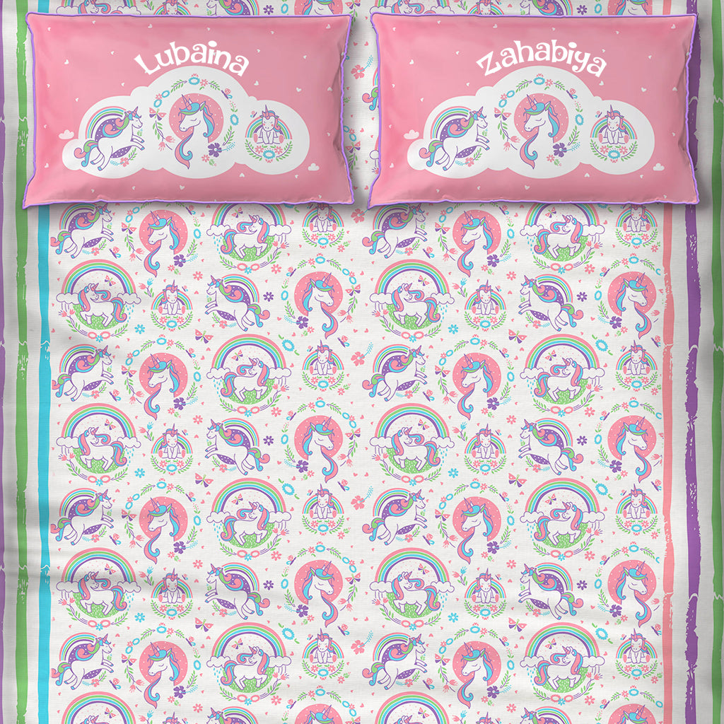 Unicorn And Rainbows 100% Cotton King Size Bedsheet with 2 Pillow Covers