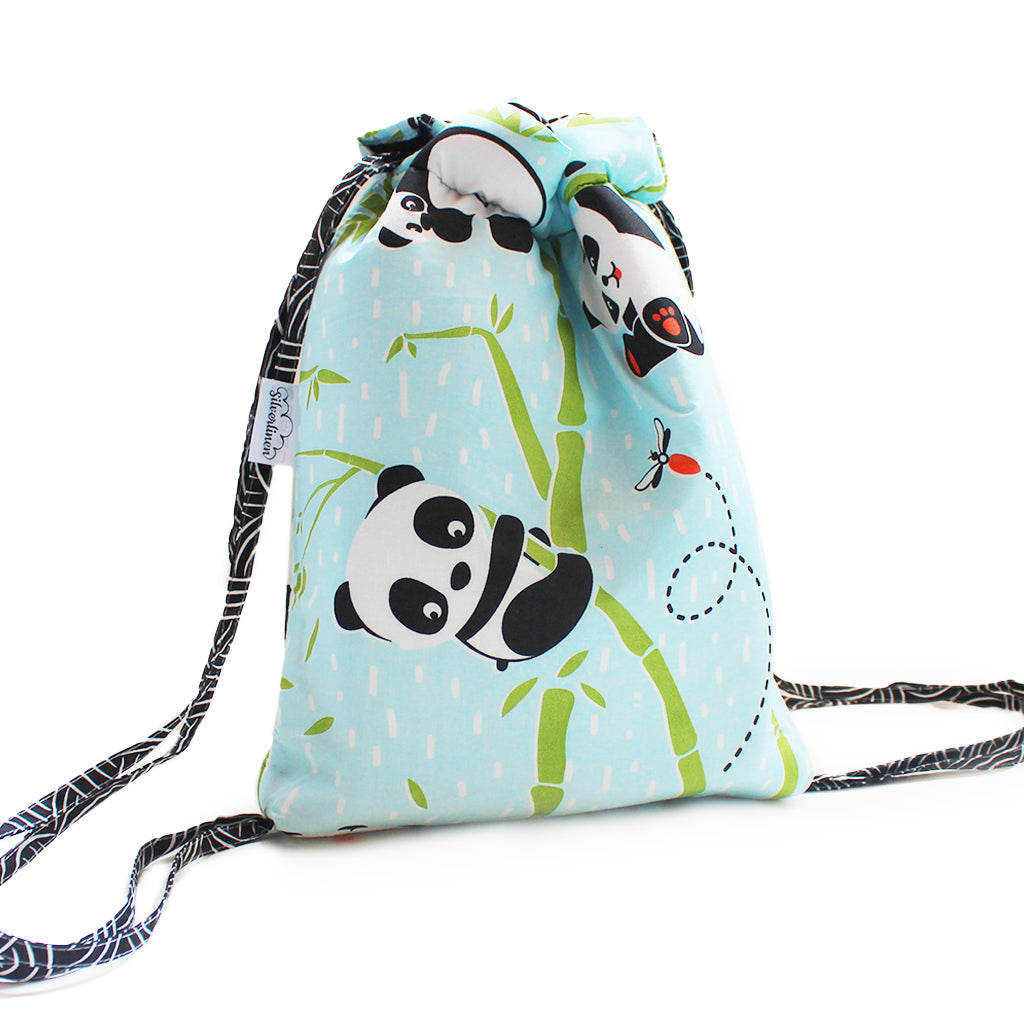 Cotton Drawstring Bag - Panda Village, Blue