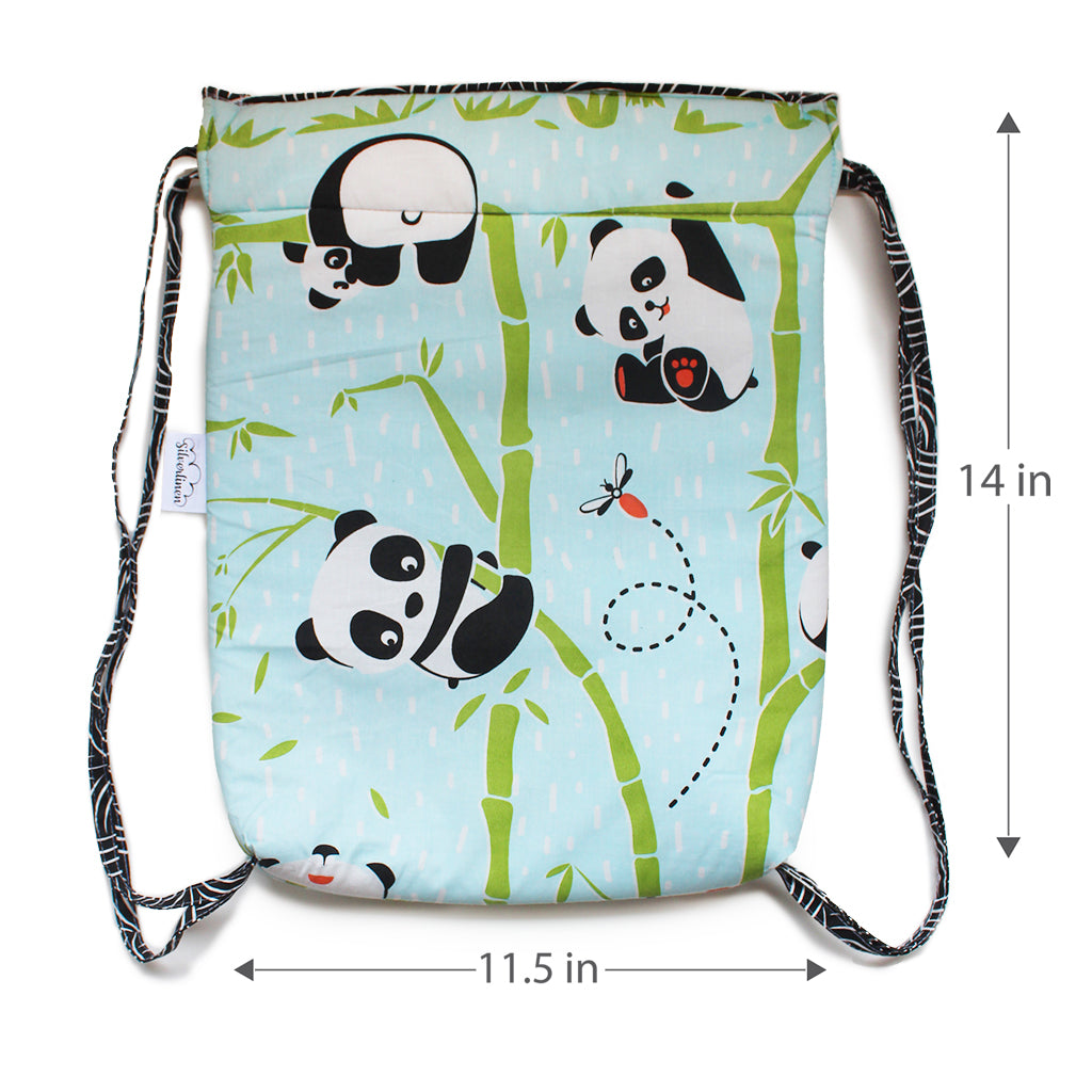 Cotton Drawstring Bag - Panda Village, Blue