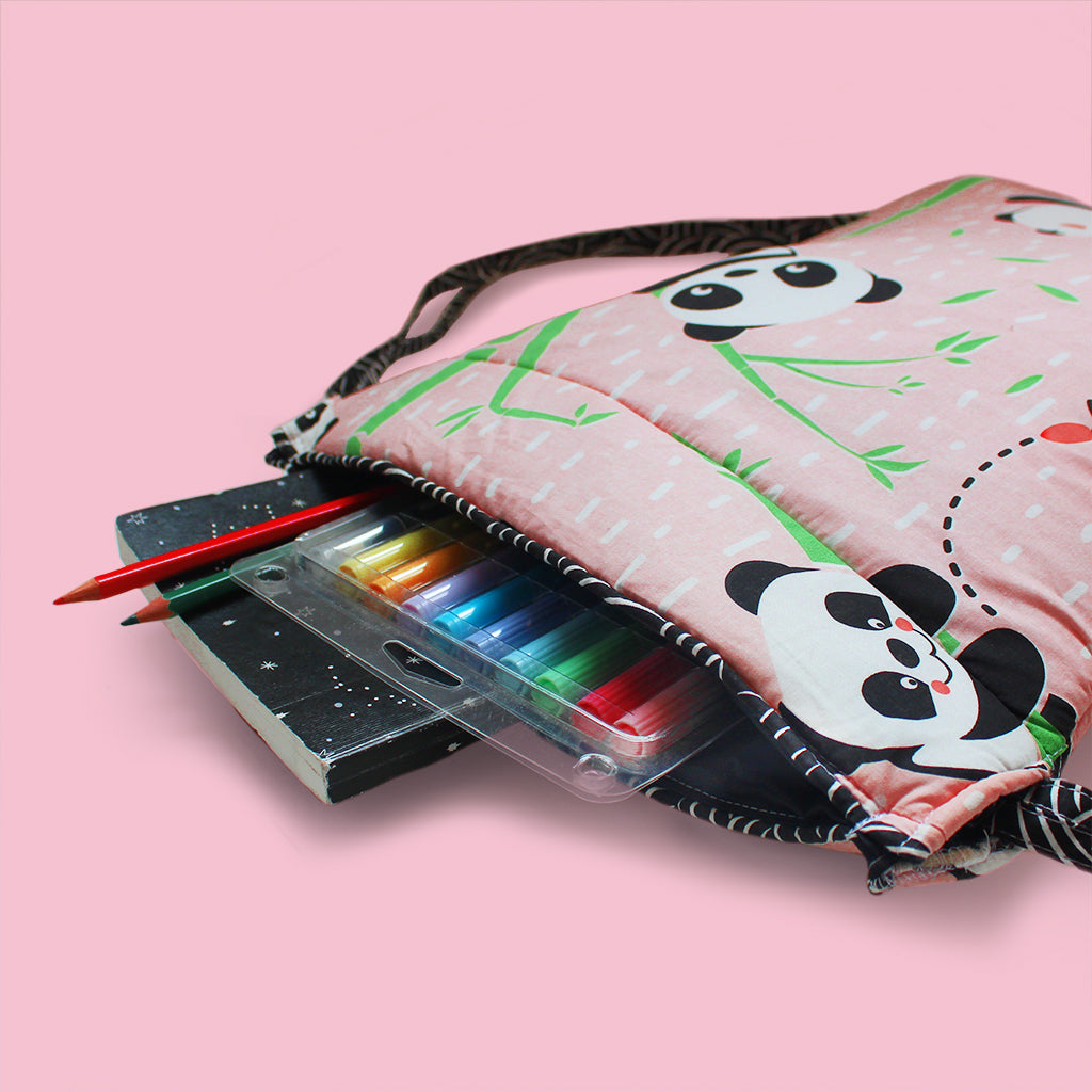 Cotton Drawstring Bag - Panda Village, Pink