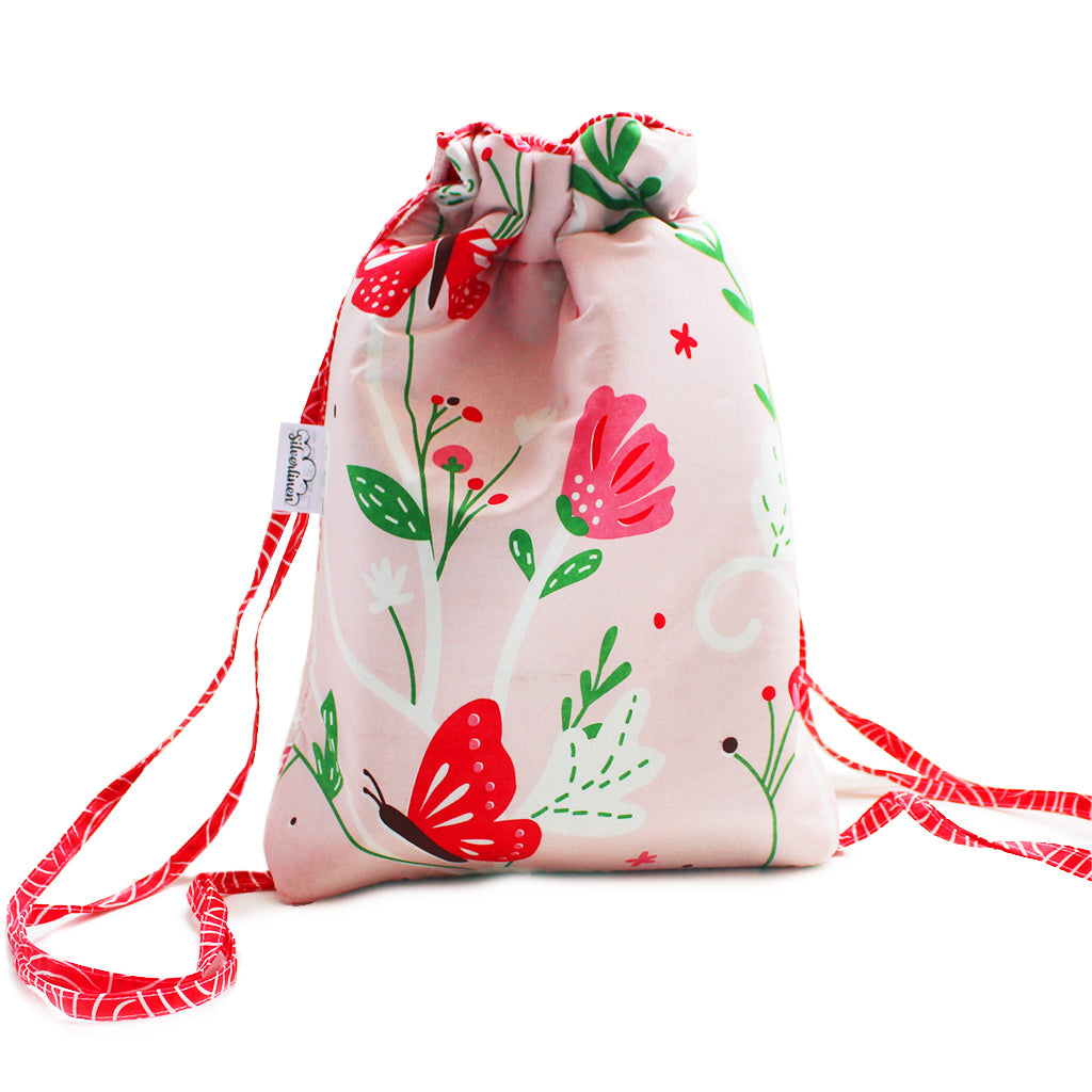 Cotton Drawstring Bag With Waterproof Lining - Flowers & Butterflies