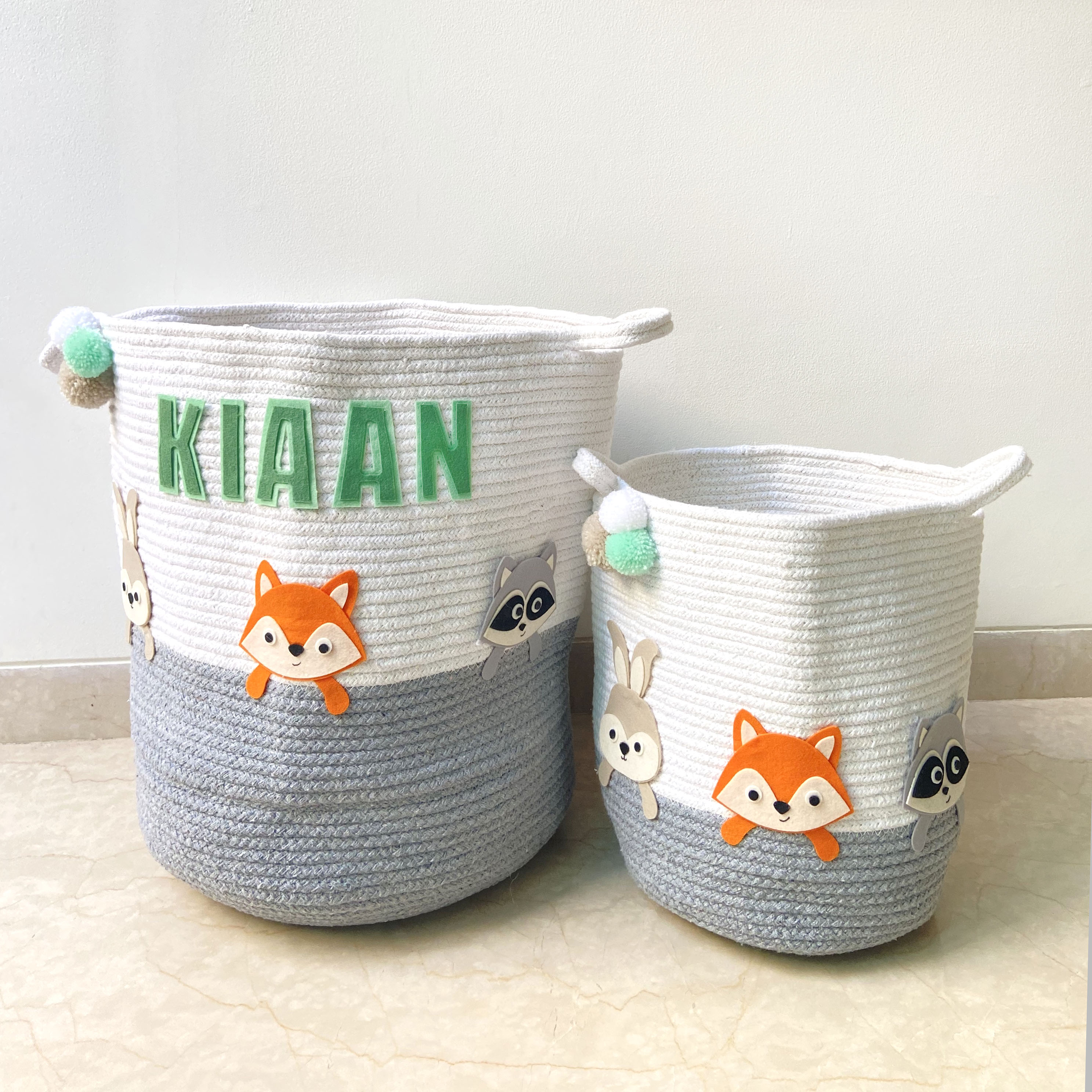 Woodland Animals Grey Rope Personalised Storage Basket - Set of 2