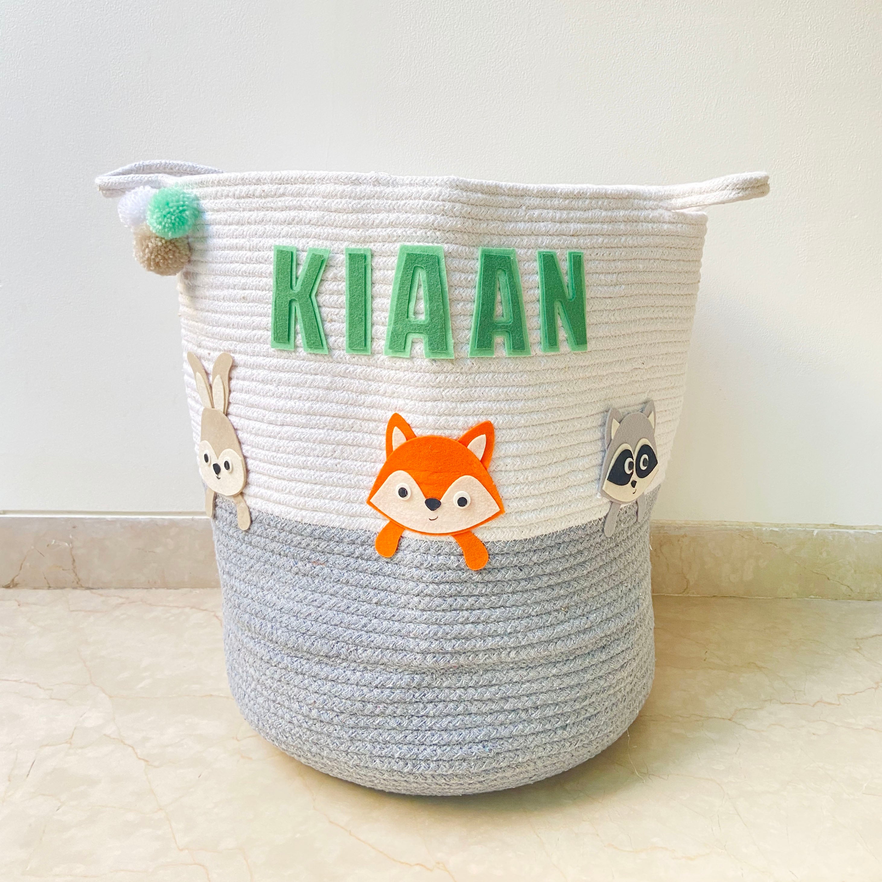 Woodland Animals Grey Rope Personalised Storage Basket - Set of 2