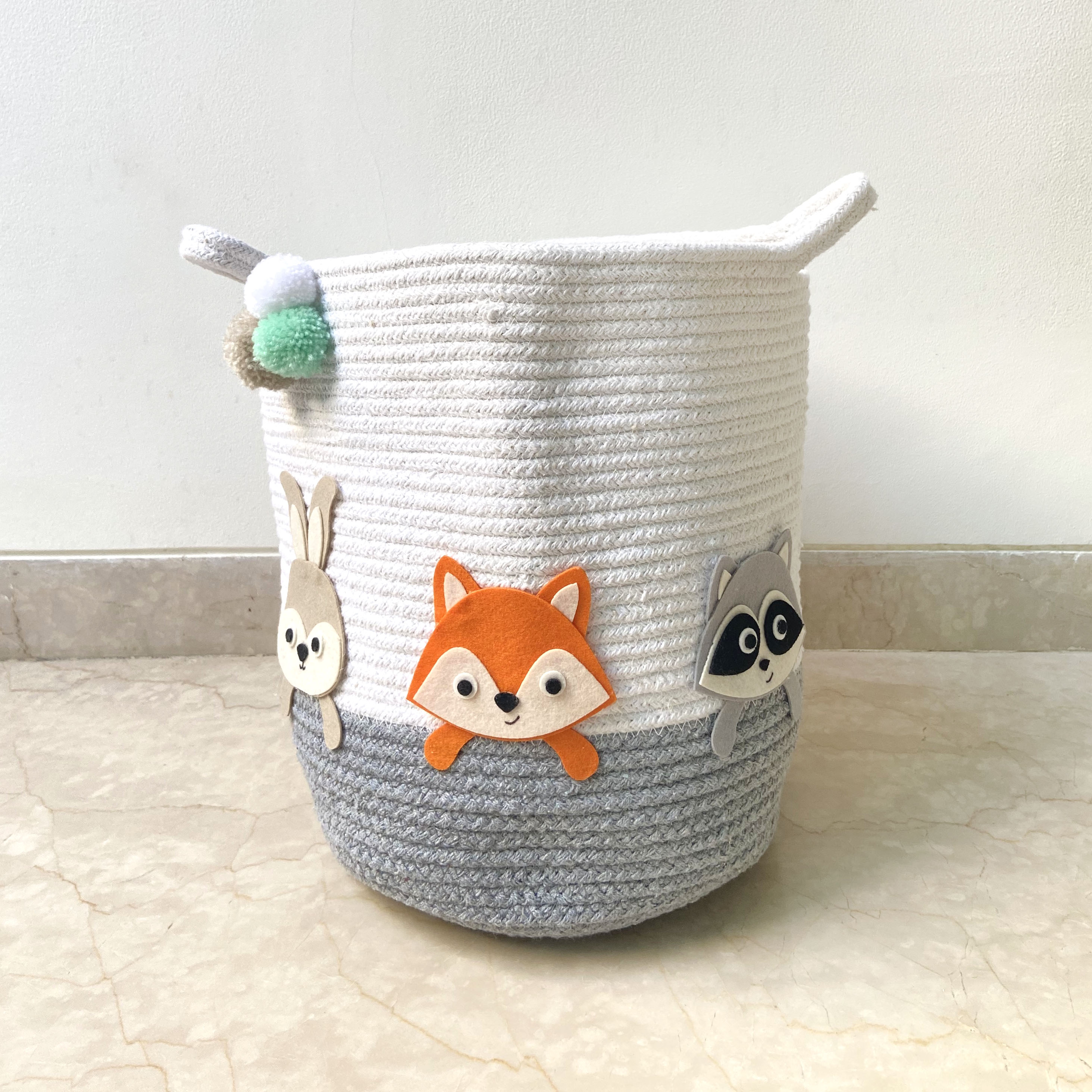 Woodland Animals Grey Rope Personalised Storage Basket - Set of 2