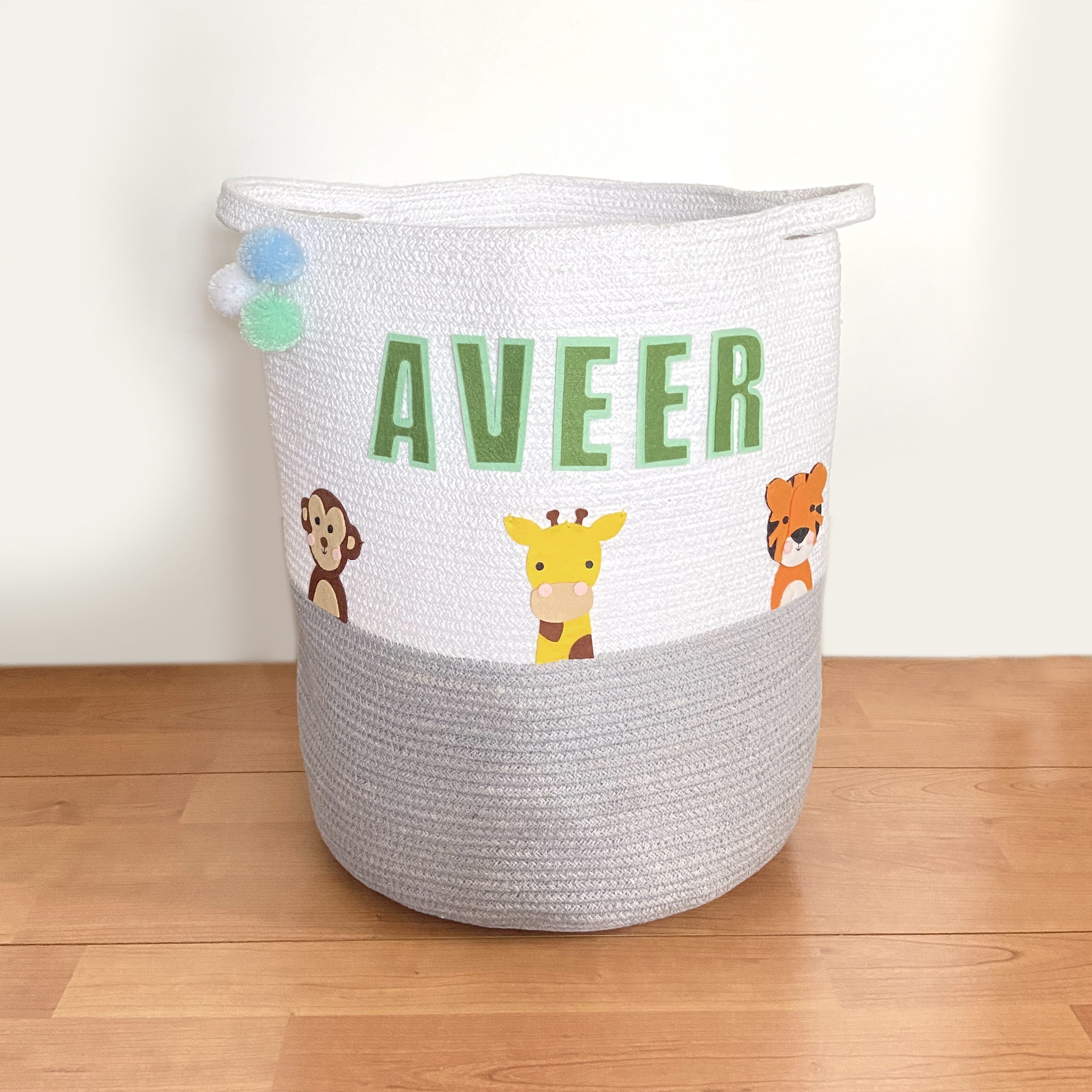 Safari Animals - Grey Rope Personalised Storage Basket - Set of 2