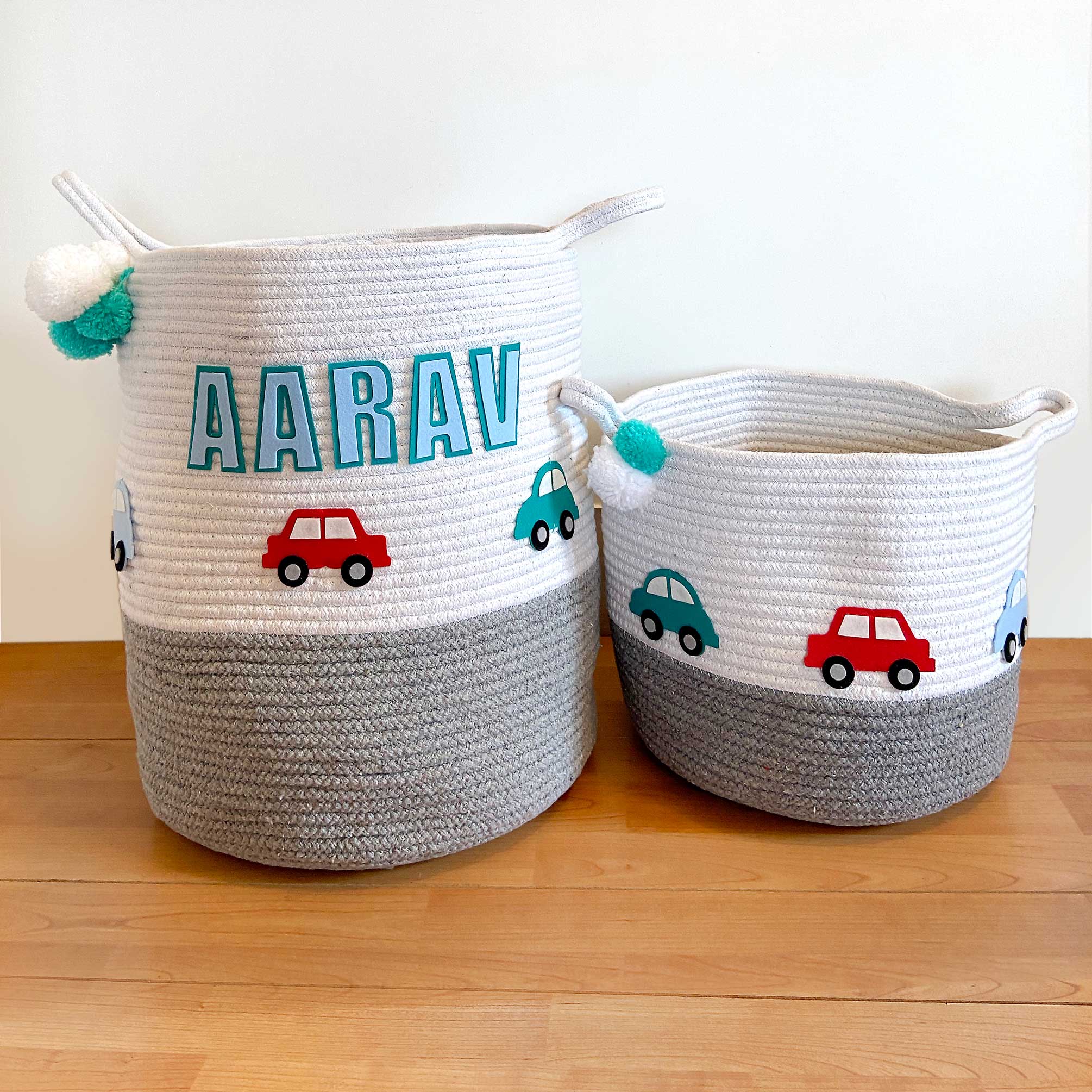 Grey Cotton Rope Storage Baskets - Little Cars, Individual or Set of 2