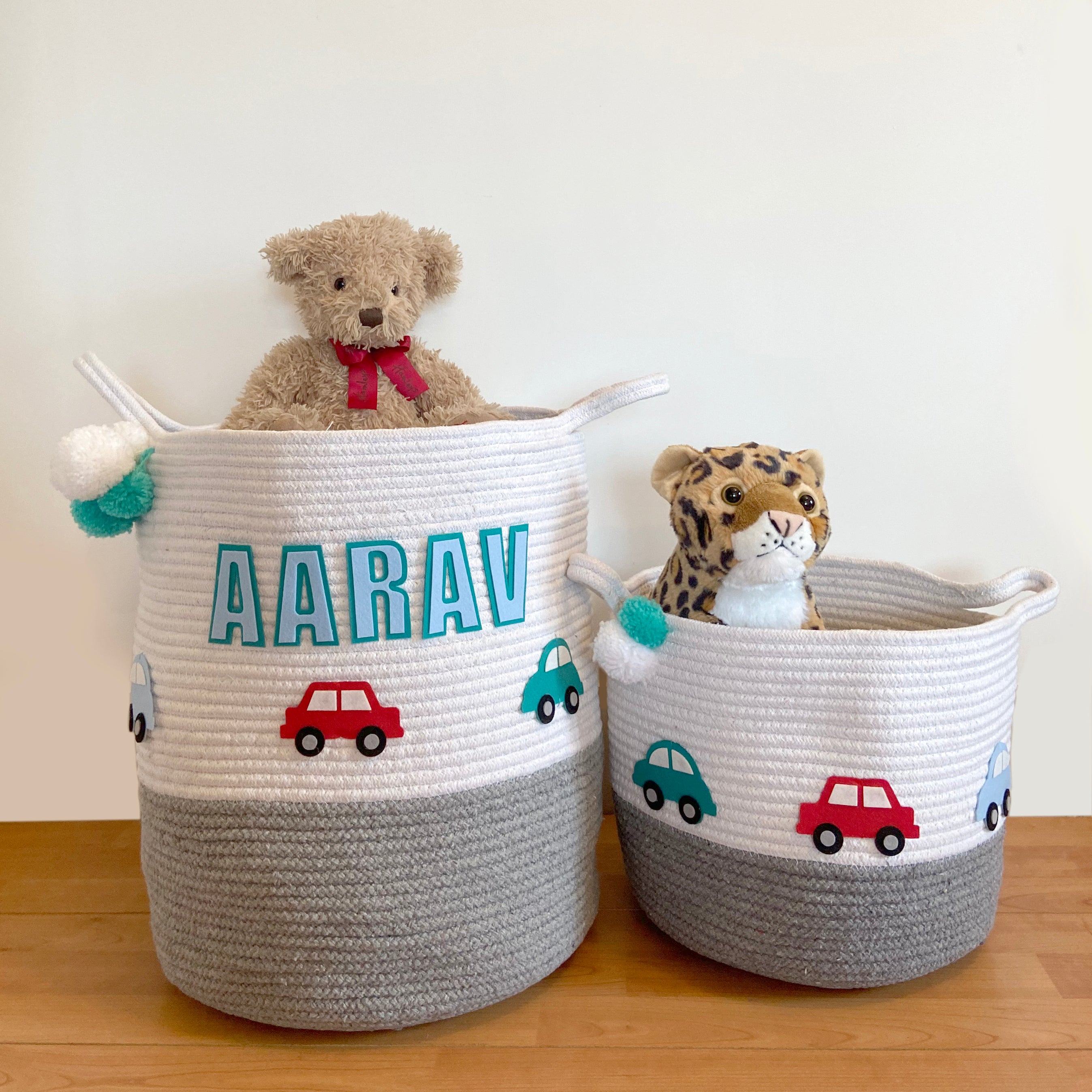 Grey Cotton Rope Storage Baskets - Little Cars, Individual or Set of 2