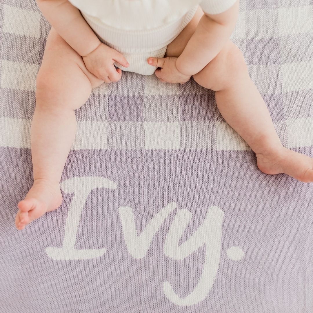 Gingham Name Blanket - Dusty Purple; Letter: Ivory