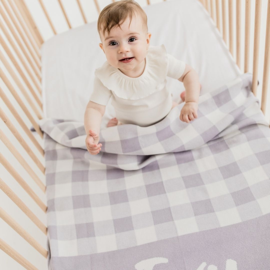 Gingham Name Blanket - Dusty Purple; Letter: Ivory