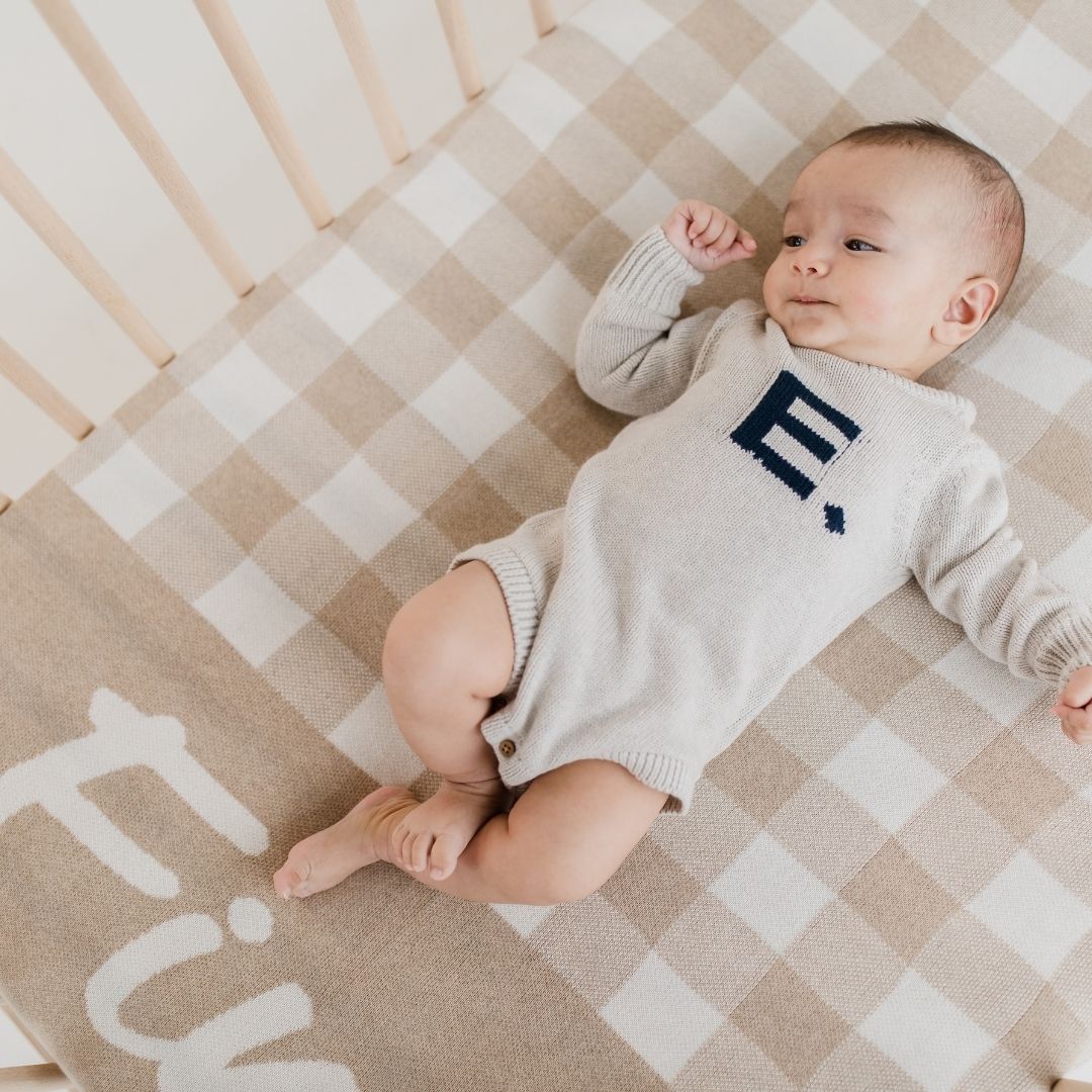 Gingham Name Blanket - Light Camel; Letter: Ivory