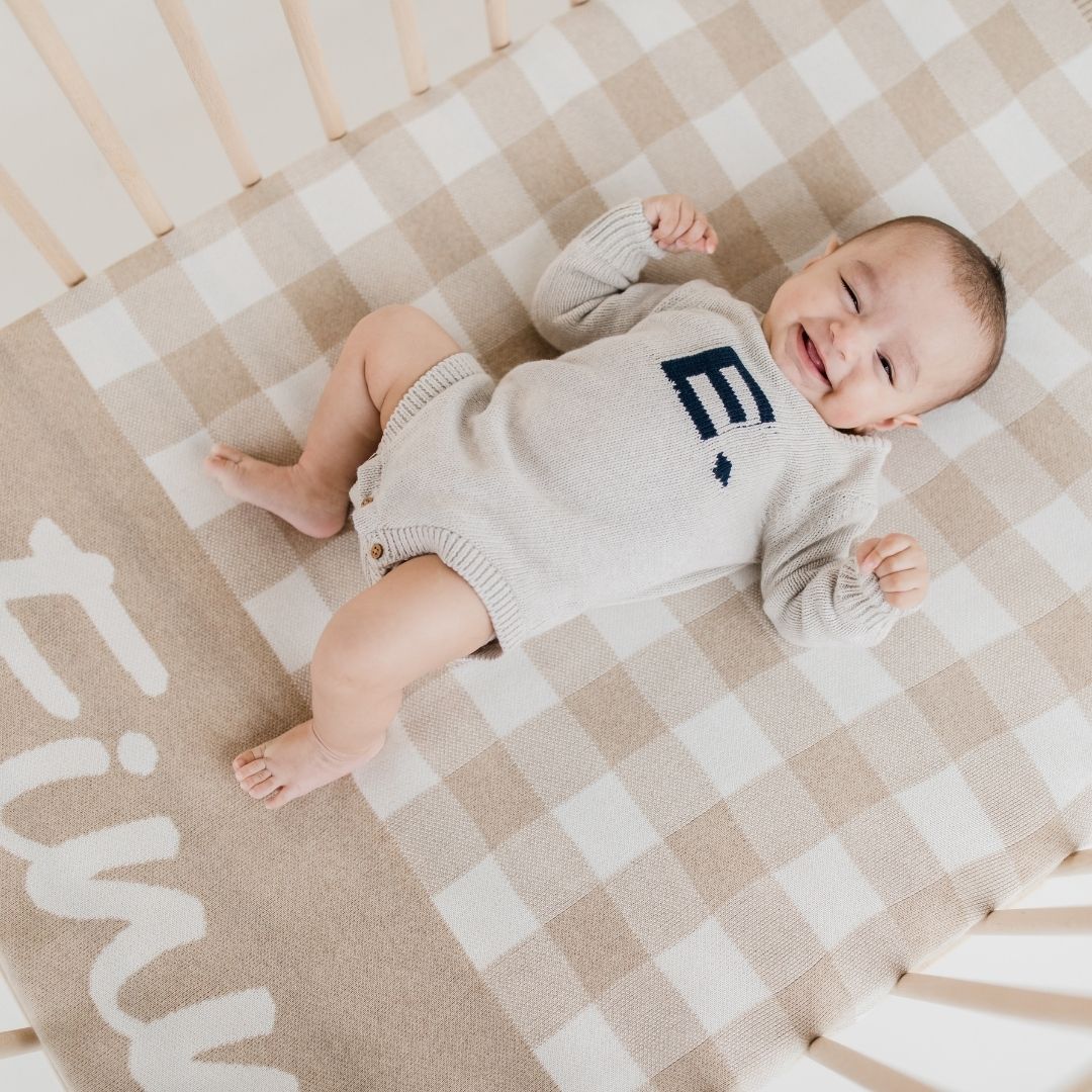 Gingham Name Blanket - Light Camel; Letter: Ivory