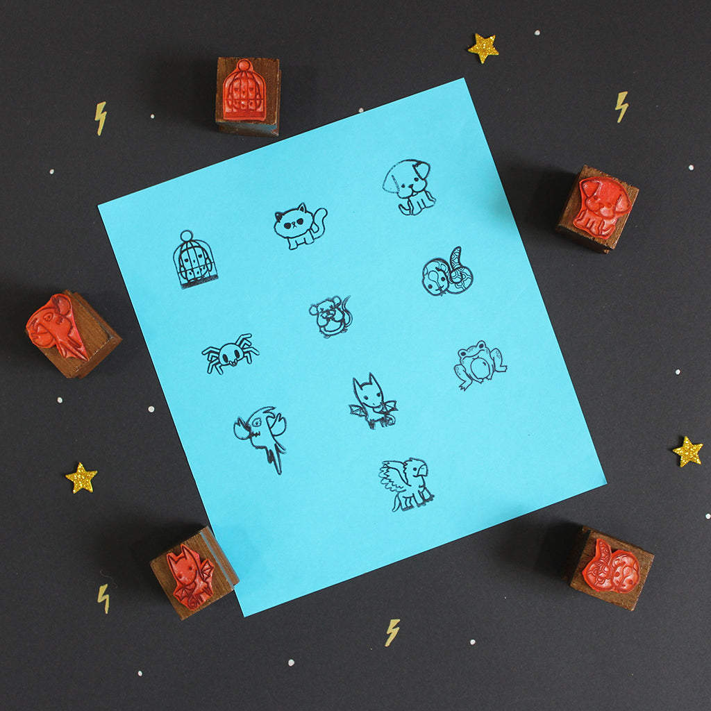 Official Harry Potter Chibi Wooden Icon Stamps Ten Stamps Set With Stamp Pad - Creatures