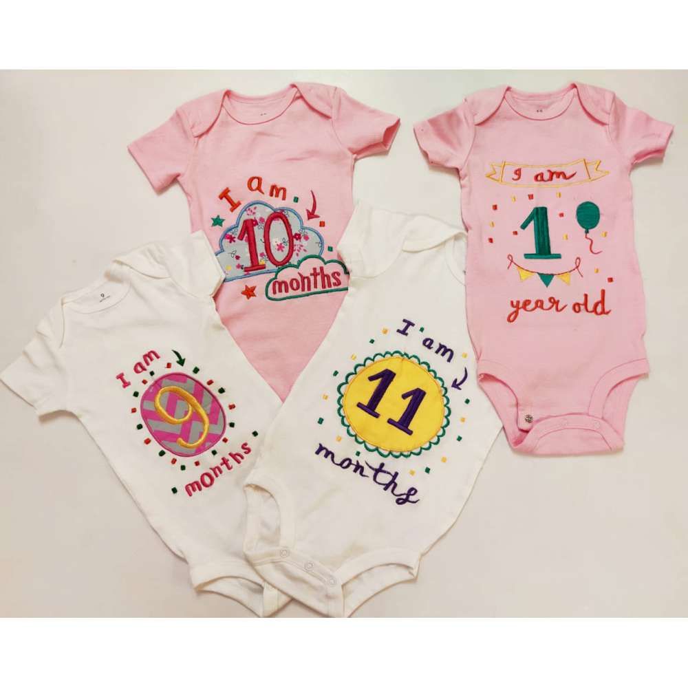 Hand Embroidered Milestone Romper Set of 12 - Bubble thoughts - White Pink White Combination