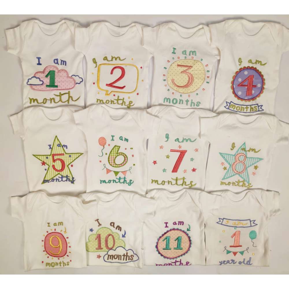 Hand Embroidered Milestone Romper Set of 12 - Clouds