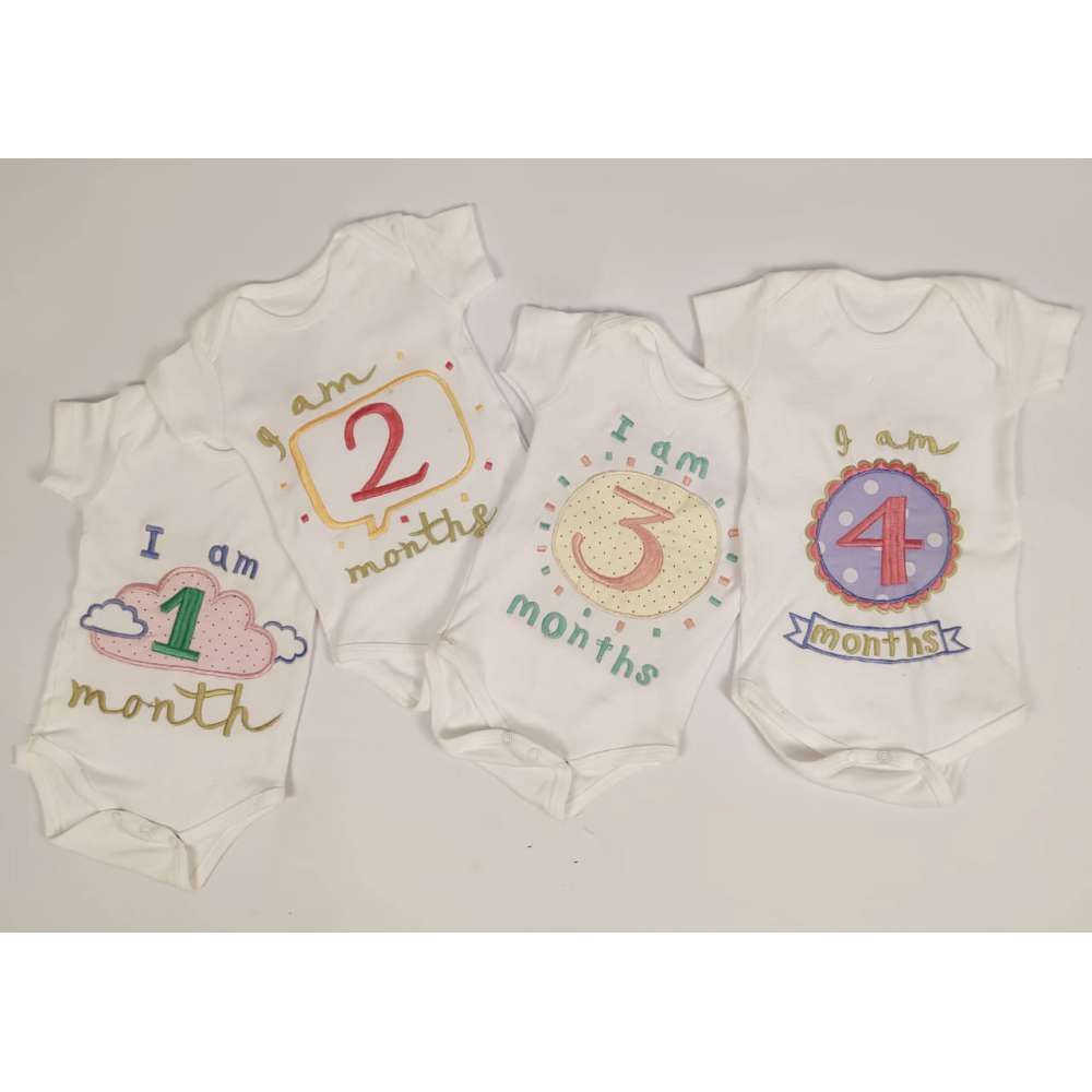 Hand Embroidered Milestone Romper Set of 12 - Clouds