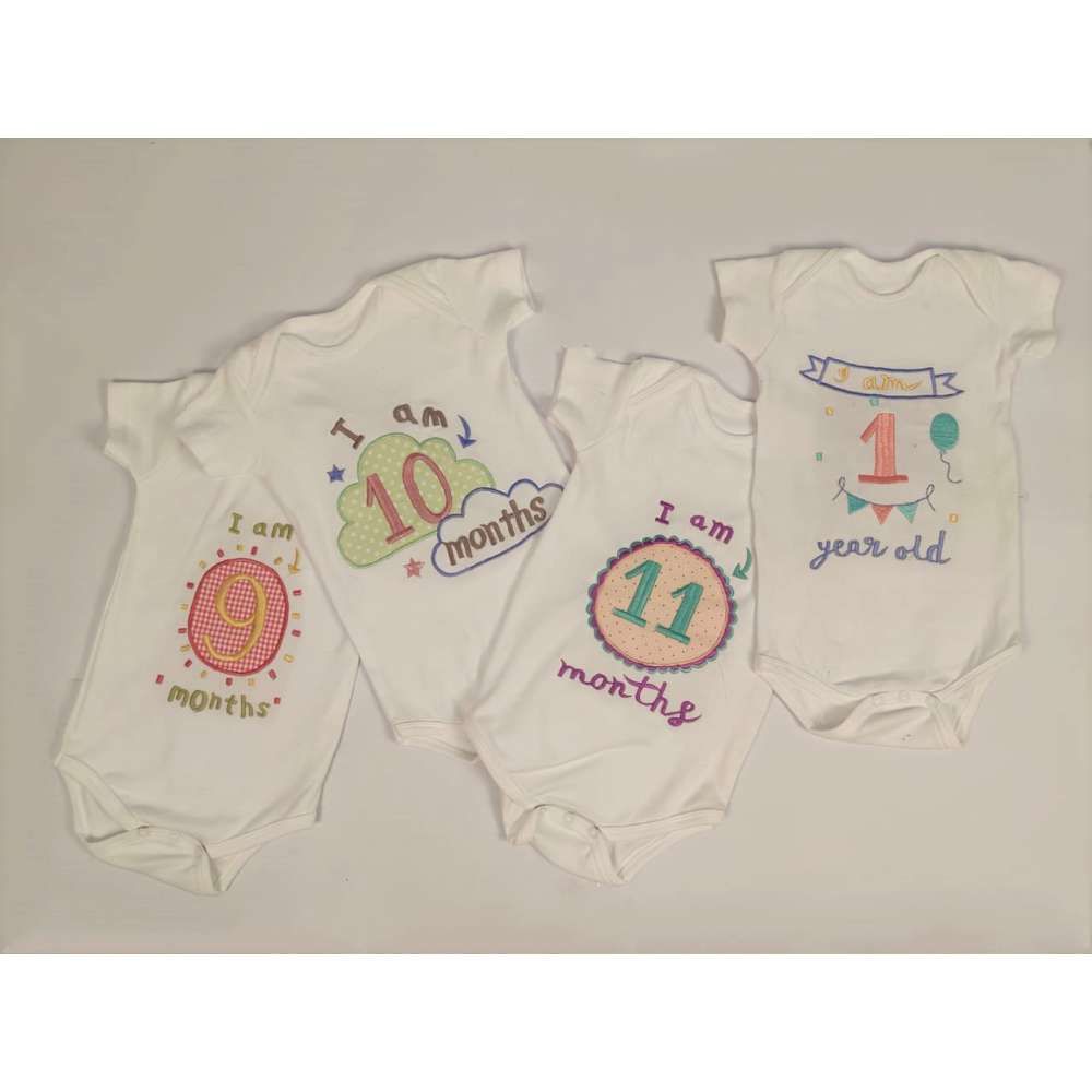 Hand Embroidered Milestone Romper Set of 12 - Clouds