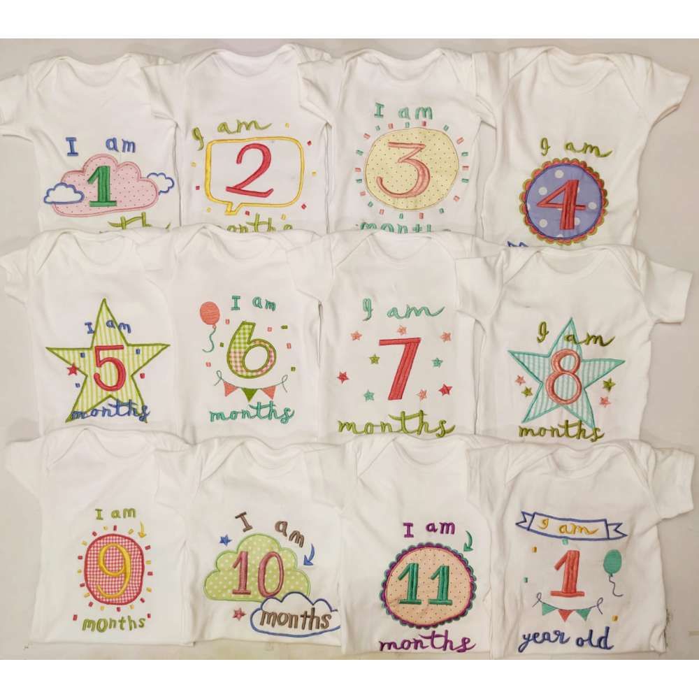 Hand Embroidered Milestone Romper Set of 12 - Clouds