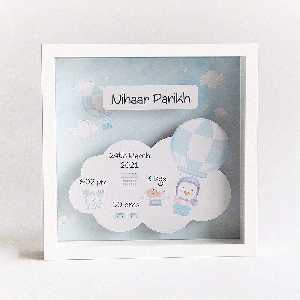 Shadow Box Birth Statistics Frame - Hot Air Balloon Blue/ Pink