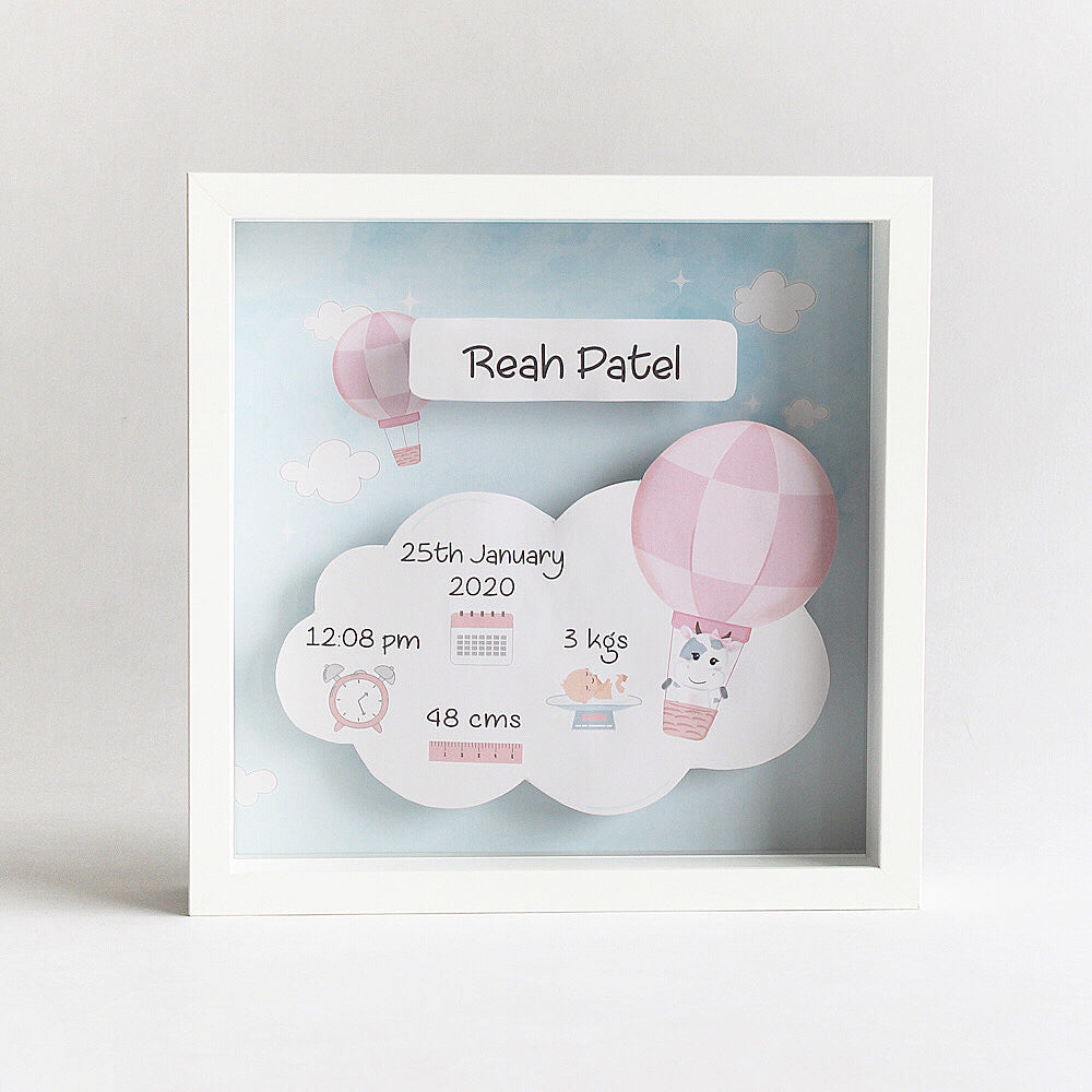 Shadow Box Birth Statistics Frame - Hot Air Balloon Blue/ Pink