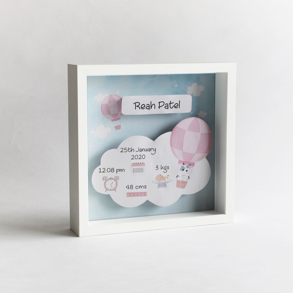 Shadow Box Birth Statistics Frame - Hot Air Balloon Blue/ Pink